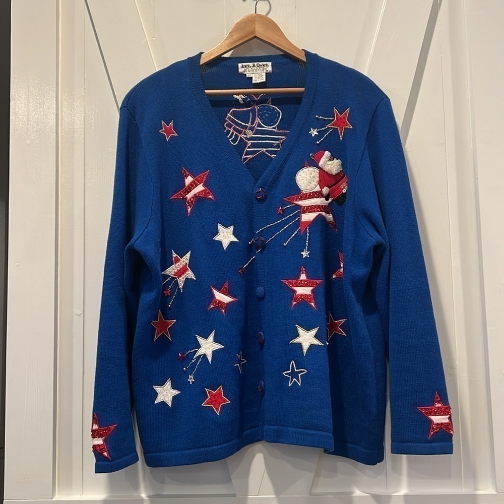 Jack B. Quick Santa Blue Stars Christmas Cardigan Sweater Size 2XL
